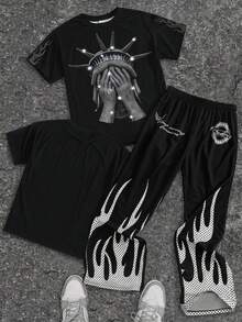 Teen Boy Crew Neck Short Sleeve T-Shirt And Elastic Waist Long Pants Casual Daily Set - Multicolor - View 3