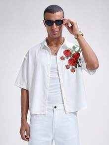 NobleFwd Camisa de manga corta con estampado floral de rosas rojas falsas bordadas, de corte holgado, adecuada para primavera/verano, gran regalo para amigos - Blanco - Ver 2
