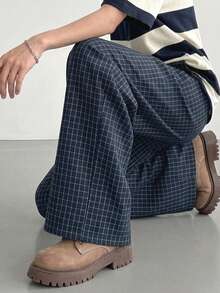 DAZY Plaid Loose Patchwork Design Long Pants For Boys (Large) - Navy Blue - View 7