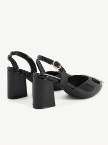 CUCCOO CHICEST Women's Shoes Rhinestone Square Buckle Thick Heel Pointed High Heels Elegant Black PU Leather High Heel Shoes Slingbacks Dating Afternoon Tea - Black - View 4