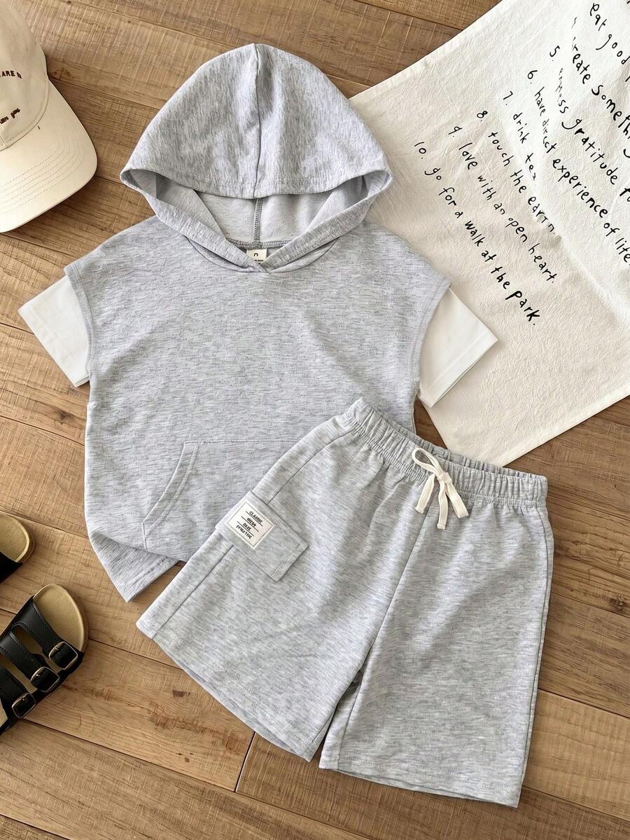 SHEIN 2pcs Kids Boys Casual Matching Outfit - Green Hoodie Top With Patch Loose Shorts, Soft Knit Fabric, Versatile For Outings, Home, School Family Vacation Summer