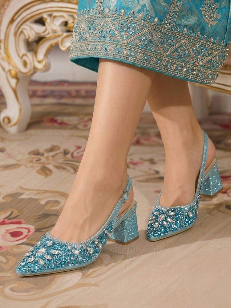CUCCOO TILAWA Women's Shoes Square Heel Glass Rhinestone Decorative Pointed Women's High-Heeled Shoes, Suitable For Going Out, Banquets, Parties And Other Activities