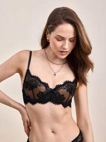 Hourtrue Women's Fashion Floral Lace Underwire Triangle Cup Bra, For Valentine's Day, Sexy Lingerie, Elegant,Lace Elegancefor Summerfor Summer - Black - View 3