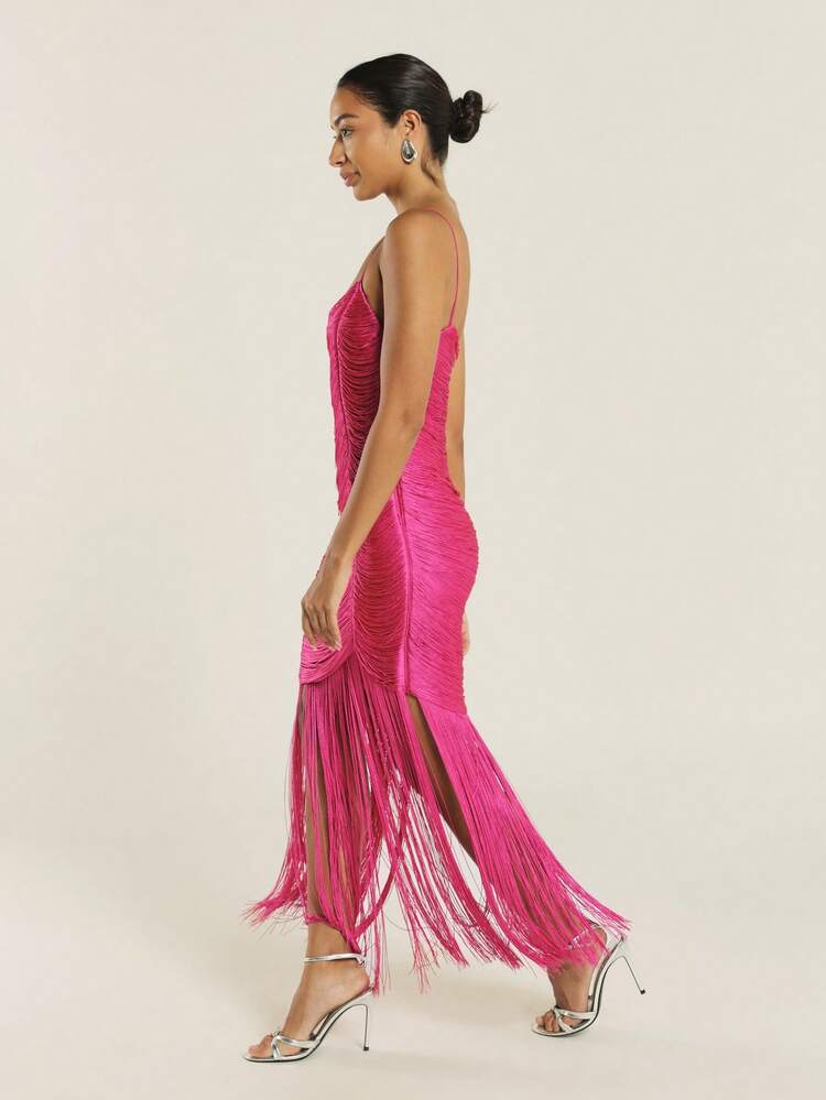 KSTM Women's Hot Pink Ruched Bodycon Midi Dress With Fringe Hem Detail Spaghetti Strap Evening Party Cocktail Dress
