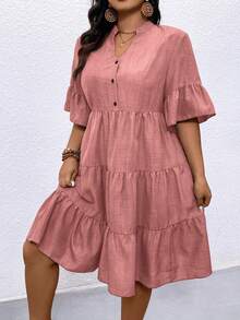Linhara CURVE Plus Size Women's Button Notch V-Neck Ruffle Hem Dress - Pink - View 7