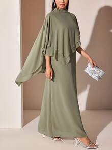 Veilorie Vestido árabe elegante de unicolor con cuello alto y diseño asimétrico para mujer - Verde - Ver 2
