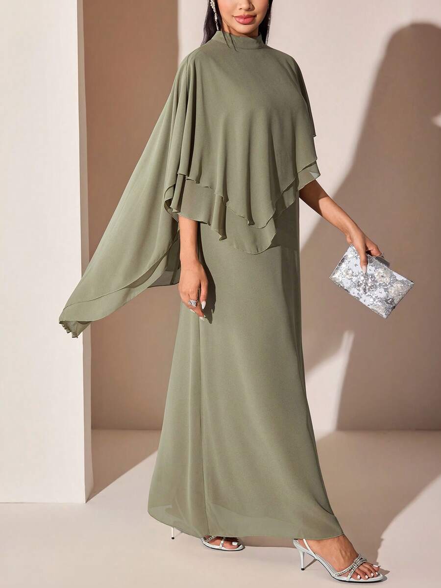 Veilorie Vestido árabe elegante de unicolor con cuello alto y diseño asimétrico para mujer