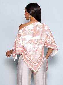 SOLERSUN Áo blouse nữ thu đông phong cách casual thanh lịch, họa tiết màu mơ, cổ bất đối xứng, tay dài, vạt bất đối xứng, vai chéo, tay xẻ, dáng rộng thời trang, họa tiết hoàng hôn vintage, tay cánh dơi, hàng mới về, dễ phối đồ, trang phục thu đông, đi làm hằng ngày, đi chơi - Màu Hồng  San hô - Xem 2