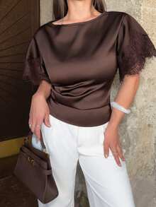 Jeta Ari New Spring/Summer Brown Satin Lace-Trimmed Waist-Cinching Blouse For Women. A Modern Retro-Style, Luxurious, Silky Brown Short-Sleeved Blouse With Lace Sleeves. Perfect For Casual Office Wear, Daily Commutes, Dates, And Parties.,Summer Top - Brown - View 7