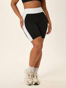 Voyena Plus Size Women's Colorblock Fitted Sports Shorts - Black - View 1