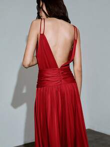 MOTF PREMIUM URBAN METAL RING DECOR CHAIN RUCHED LONG CAMI DRESS SPRING SUMMER - Red - View 6