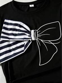 SHEIN Sparklyn 青少年女孩夏季休閒時尚百搭日常珍珠裝飾蝴蝶結圖案白色短袖圓領T恤 1件 - 黑色 - 查看 3
