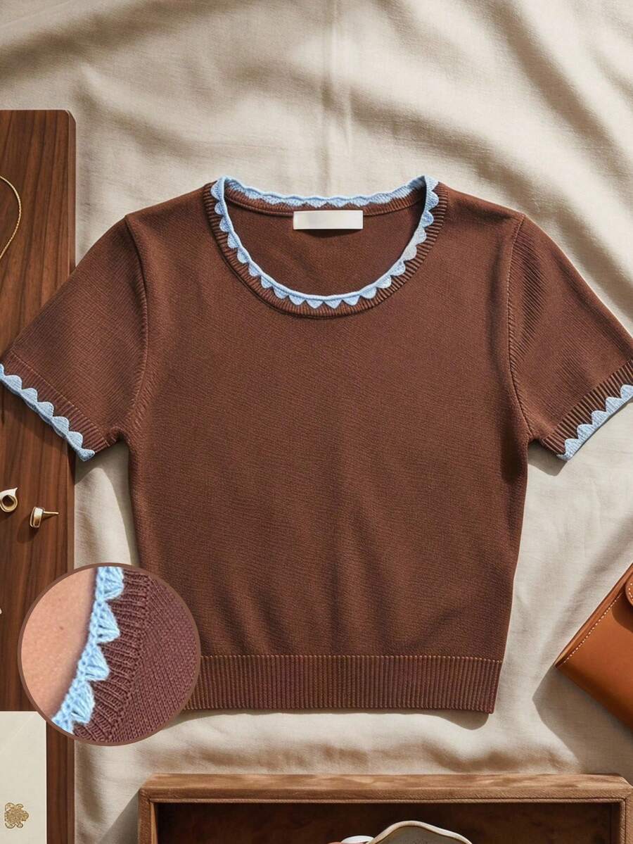SHEIN EZwear 女士圆领撞色修身休闲针织上衣 - 咖啡棕 - 查看 1