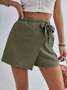 SHEIN Essnce 軍綠色 100% 純棉女款短褲，適合夏季 - 軍綠色 - 查看 3