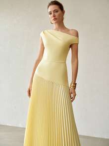 MOTF PREMIUM SPRING/SUMMER WOMEN'S ELEGANT PLEATED LONG COMMUTER DRESS HOLIDAY PALE YELLOW GARDEN PARTY BRUNCH - Yellow - View 5