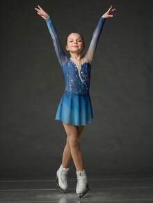 SHEIN Tween Girls Light Blue Figure Skating Dress, High Elasticity Slim Fit With Galaxy-Inspired Print, Rhinestone, Mesh Skirt, Dance Daily Training Autumn - Dark Green - View 6