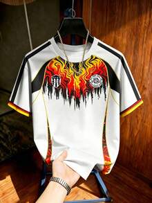 Aesthetic Post Áo thun Jersey in hình ngọn lửa kiểu Mỹ cổ điển, cổ tròn, đường viền vai tương phản, áo thun in họa tiết dành cho nam và nữ, áo ngắn tay thể thao đường phố, bóng đá, phụ kiện bóng đá. - Nhiều màu - Xem 1