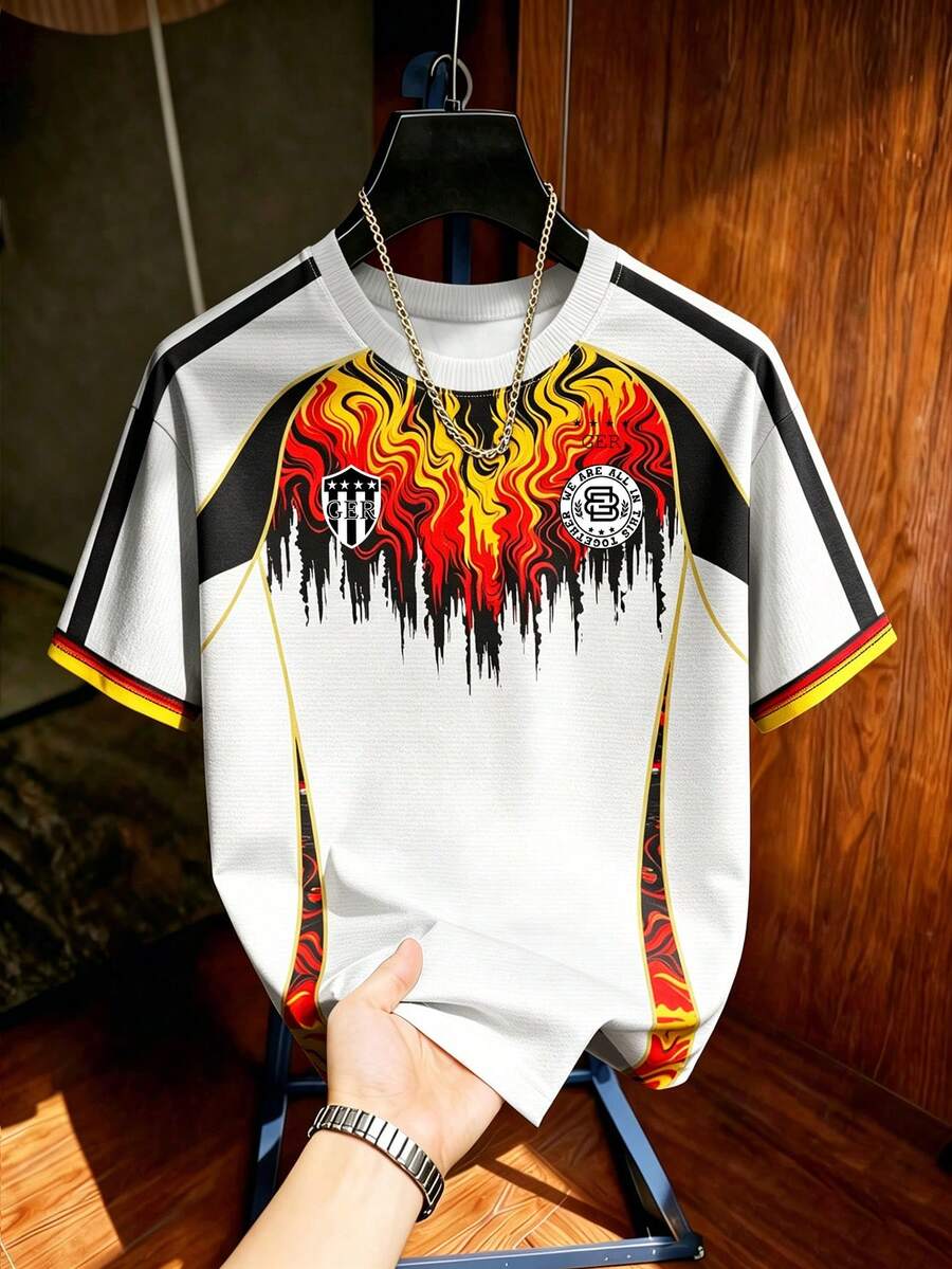 Aesthetic Post Áo thun Jersey in hình ngọn lửa kiểu Mỹ cổ điển, cổ tròn, đường viền vai tương phản, áo thun in họa tiết dành cho nam và nữ, áo ngắn tay thể thao đường phố, bóng đá, phụ kiện bóng đá. - Nhiều màu - Xem 1