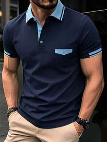 Manfinity Homme Men's Casual Commute Color Block Short Sleeve Polo Shirt, Navy Blue Summer Smart Casual Golf Collar Polo Shirt - Navy Blue - View 1