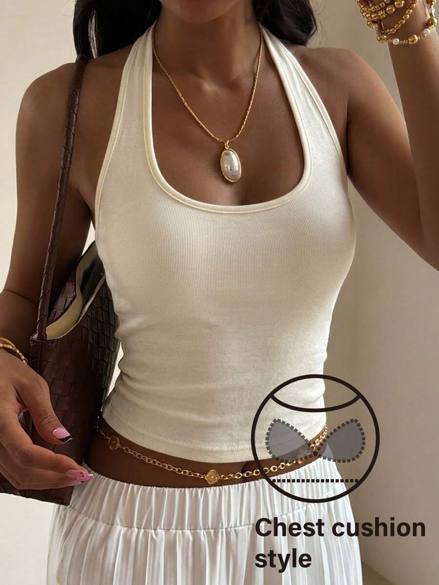 Livesso 女款夏季素色掛脖式內墊吊帶上衣 - 白色 - 查看 1