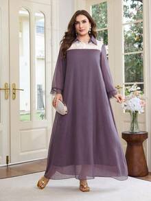 Al Najma Vestido largo de manga larga de gasa morada brillante, con parches de encaje floral, tela bordada con cuentas, vestido maxi elegante y holgado con cuello de camisa, talla grande - Morado - Ver 5