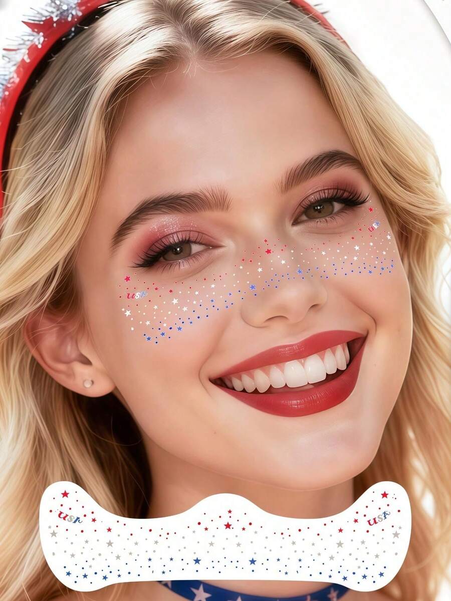 4pcs Independence Day Freckle Face Temporary Tattoos, American Red White Blue Star Glitter Freckle Waterproof Makeup Stickers For Women, Suitable For Carnival, Independence Day, Travel, Music Festival, Party, Summer, Easter - Multicolor - View 1