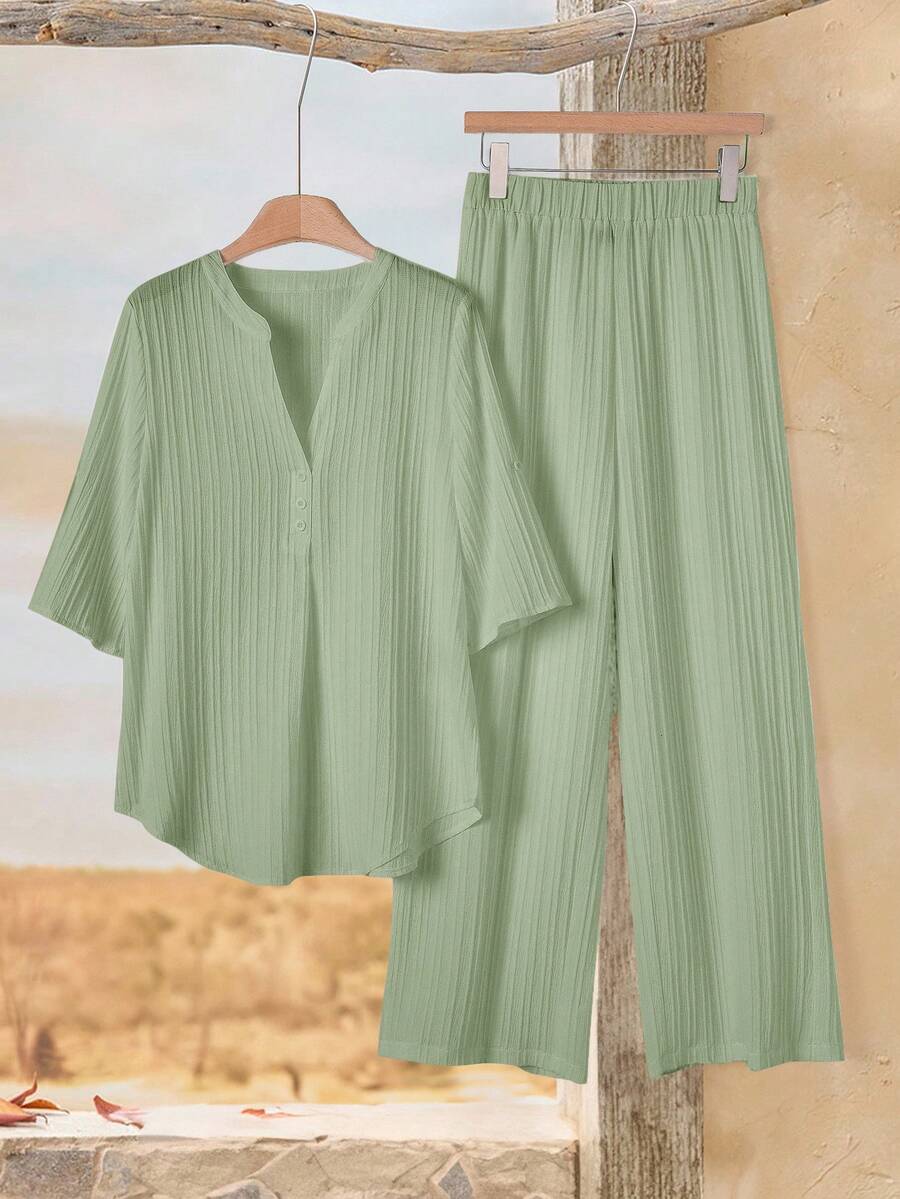 Rusticease Daily Casual Solid Color Shirt And Long Pants Set Vacation Sage Green Summer - Green - View 1