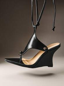 Hauture Ladies Thong Style Tie-Up Strap Wedge Sandals Summer Shoes - Black - View 2