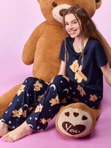 Notgurli Crew Neck Short Sleeve Printed Pajama Set For Women Sleep Navy Blue Navey Blue Summer Casual - Multicolor - View 5