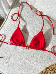 Swim Vcay Women's Spring/Summer Solid Color Halter Neck Metal Decor Bikini Top - Red - View 2