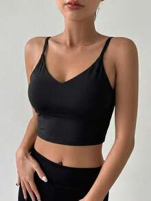 DAZY Spaghetti Strap Padded Short Solid Color Seamless Slight Push-Up Bra Women's Sports Bra - Black - View 4