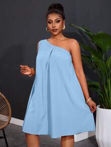 Slaydiva Plus Size Women's One Shoulder Sleeveless Solid Color Wide Leg Dress - Baby Blue - View 4