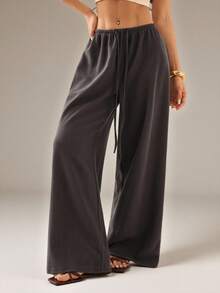 SHEIN PETITE Women's Solid Color Tie Waist Wide Leg Loose Casual Versatile Pants - Brown - View 4