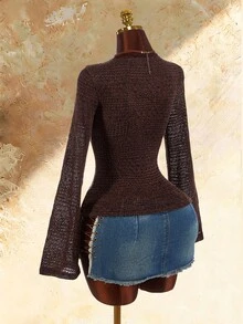 Amplova Women's Fashion Hollow Out Tie-Up Long Sleeve Knit Top For Vacation - Brown - View 2