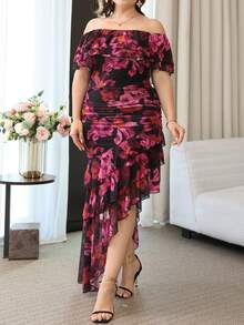 SHEIN Clasi Plus Size Women's Floral Print Off-Shoulder Ruched Casual Party Dress,Elegant Long Party Dress,Graduation Outfit For Mother - Multicolor - View 3