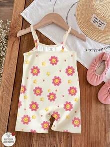 Mameluco con tirantes casual y sencillo con estampado de dibujos animados para bebé niña, adecuado para primavera y verano - Multicolor - Ver 2