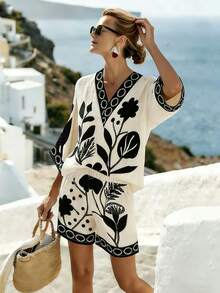 Breezaya Women's Black & White Black Floral Print Vacation Set,V-Neck Loose Top & High Waist Shorts 2-Piece Summer Casual Holiday Outfits Beach Wear Cover Up - Multicolor - View 6