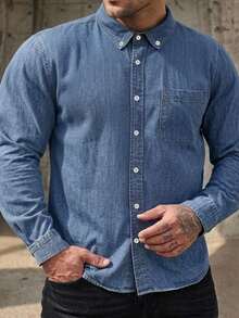DAZY Blue Washed Distressed Long Sleeve Thin Fit Plus Size Men's Denim Shirt Fall - Blue - View 3