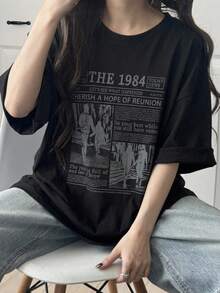 DAZY Women's Character Slogan Printed Drop Shoulder Loose T-Shirt Graphic Tee Oversized T-Shirt - Black - View 11