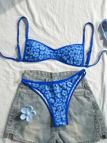 Swim Mod 女款夏季海灘藍色印花泳衣套裝 - 藍色 - 查看 1