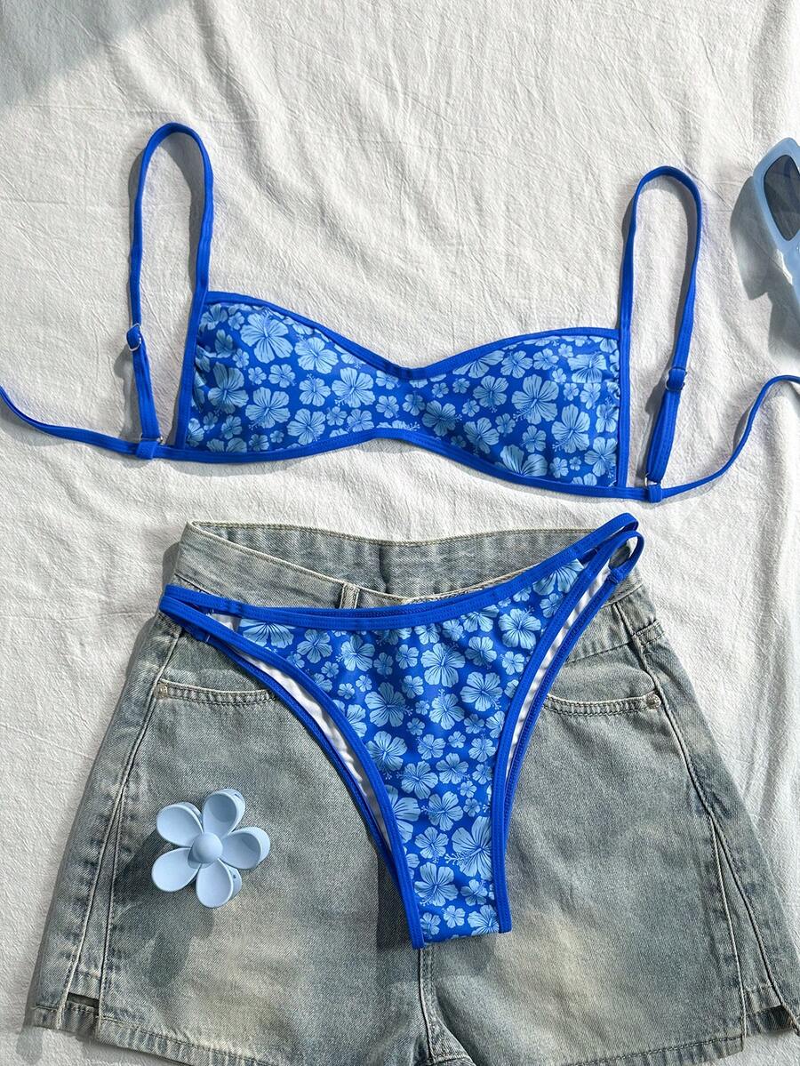 Swim Mod 女款夏季海灘藍色印花泳衣套裝 - 藍色 - 查看 1