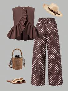 2pcs/Set Tween Girls Sleeveless Top With Ruffle Back & Printed Bow Long Pants Summer Set, Casual Versatile For Vacation, Outings, Shopping, Commuting - Brown - View 2