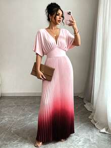 Elenzga Modisches elegantes Damenkleid für Frühling/Sommer mit Taillierung, Plissee und Farbverlauf - Verschiedenfarbig - Übersicht 5