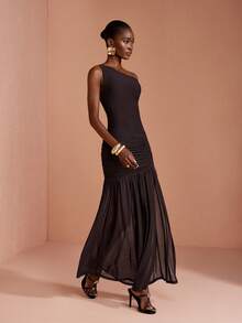JIAN LASALA Mesh One Shoulder Ruched Sleeveless Women Boho Dress Party Casual Holiday - Brown - View 1