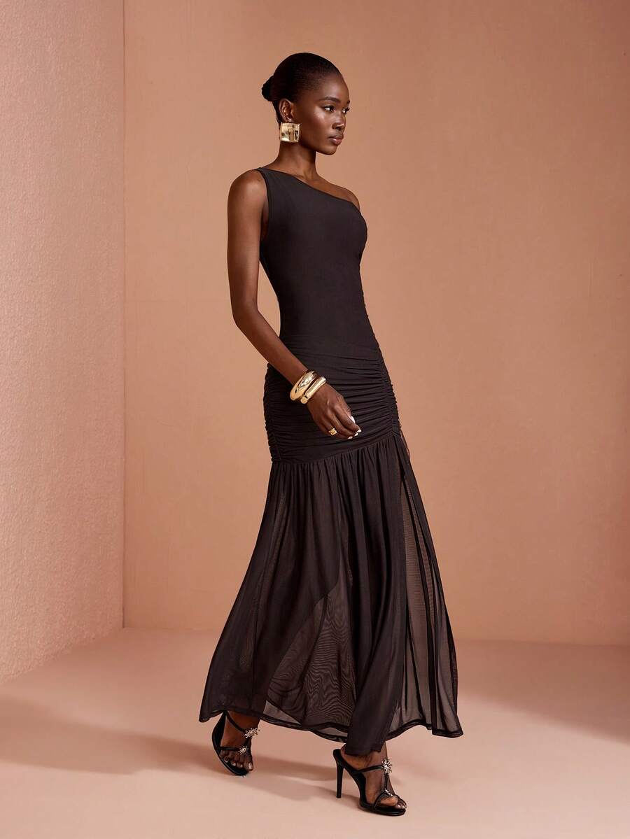 JIAN LASALA Mesh One Shoulder Ruched Sleeveless Women Boho Dress Party Casual Holiday - Brown - View 1