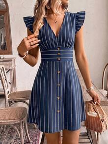 SHEIN Frenchy Gaun Wanita Model A-Line Lengan Pendek Leher V dengan Hiasan Kancing, Gaun Musim Panas untuk Wanita - MultiWarna - View 6