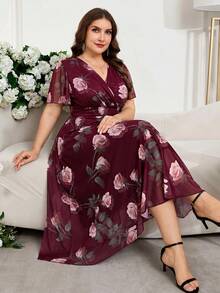 Reflora Plus Size Women's Summer Dress Elegant Dress Office Dress Mesh Dress Stretchy Dress Short Sleeve Dress Long Dress - Burgundy - View 1