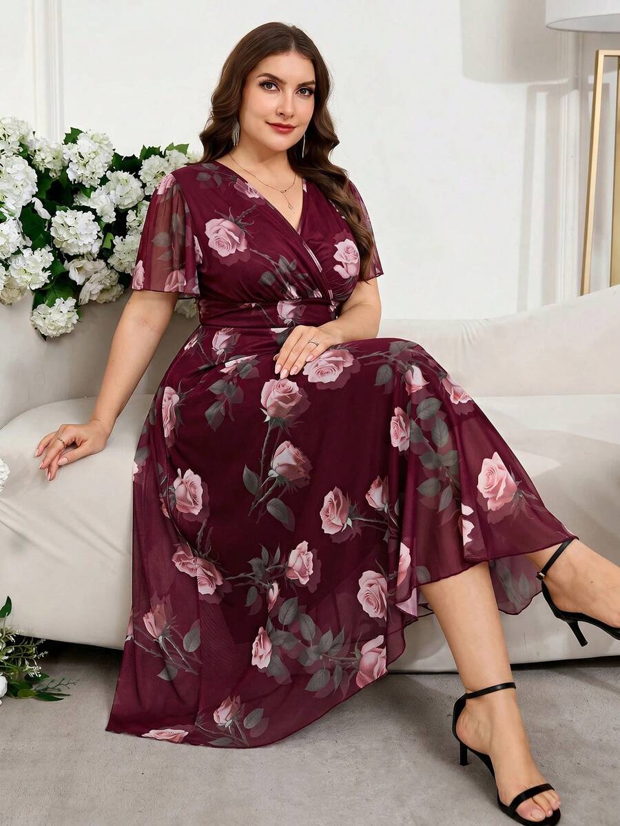 Reflora Plus Size Women's Summer Dress Elegant Dress Office Dress Mesh Dress Stretchy Dress Short Sleeve Dress Long Dress - Burgundy - View 1