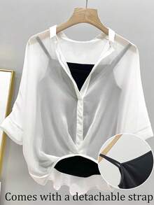 Franclia Women's Contrast Color Button Front Sheer Casual Shirt - White - View 4