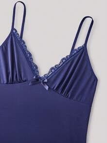 Hourtrue Lace Trim Bow Front Split Hem Cami Pajama Nightdressfor Summer - Navy Blue - View 7